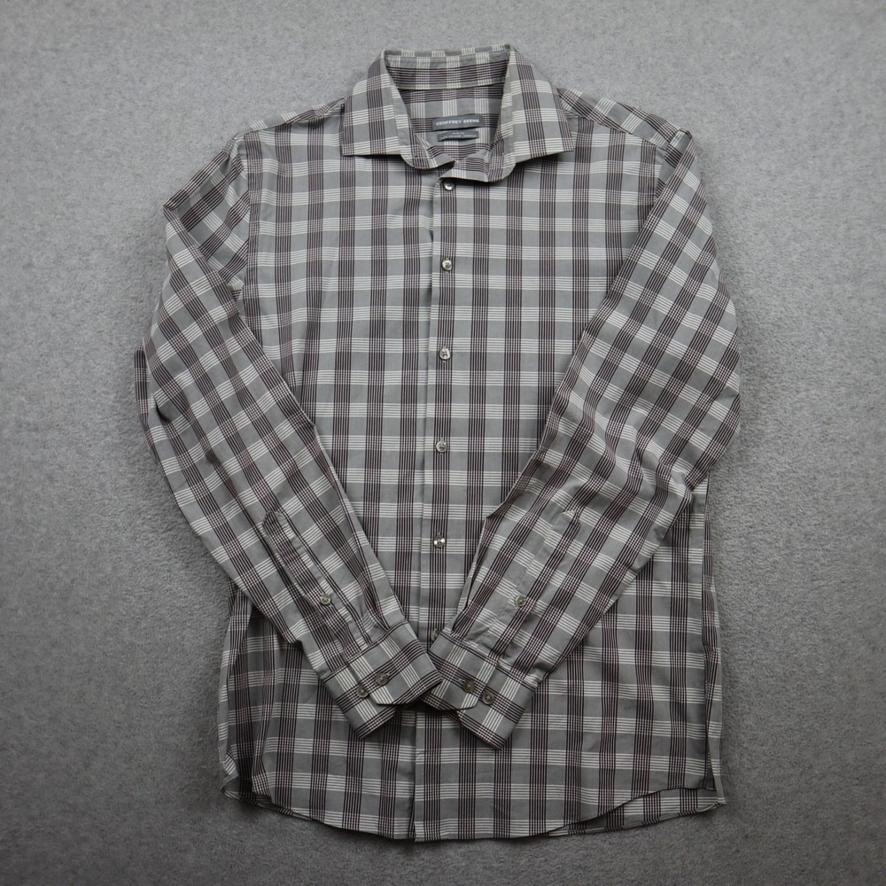 Geoffrey Beene Shirt Mens M 15-15.5 34/35 Grey Plaid Slim Fit Stretch Button Up